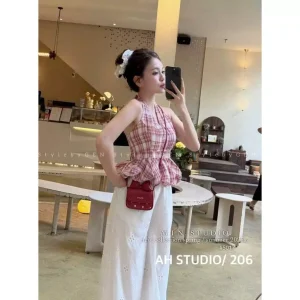 Áo cổ yếm caro dáng babydoll phối bèo nữ tính aurie – mã 5017