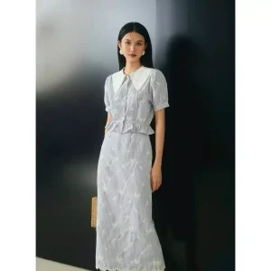Set Áo Cổ Nhọn Kèm Chân Váy Viền Ren Kẻ Sọc Xanh Thêu Hoa Vintage