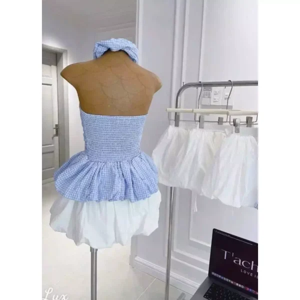 Set Áo Quây Caro Dáng Peplum Mix Chân Váy Dáng Bí Kèm Chun Buộc Tóc