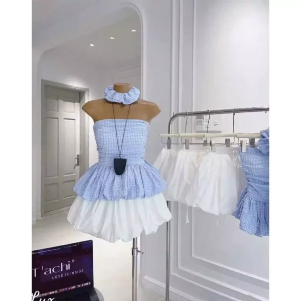Set Áo Quây Caro Dáng Peplum Mix Chân Váy Dáng Bí Kèm Chun Buộc Tóc