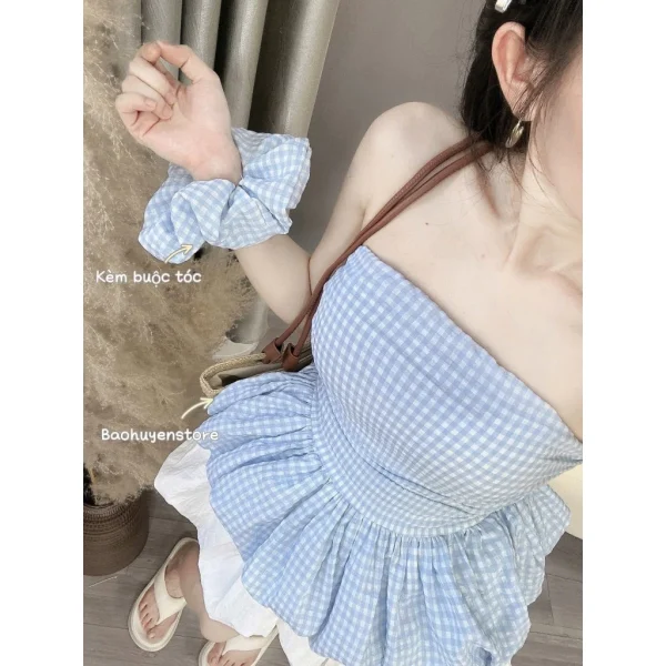 Set Áo Quây Caro Dáng Peplum Mix Chân Váy Dáng Bí Kèm Chun Buộc Tóc