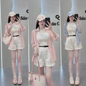 Set 2 Món Áo Ba Lỗ Mix Quần Short Trắng Mix Áo Sơ Mi Sọc Dáng Rộng
