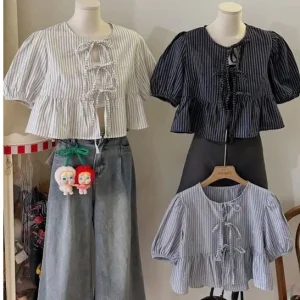 Áo babydoll nữ kẻ sọc buộc nơ AURIE13 form rộng tiểu thư dễ thương – tặng kèm áo quây