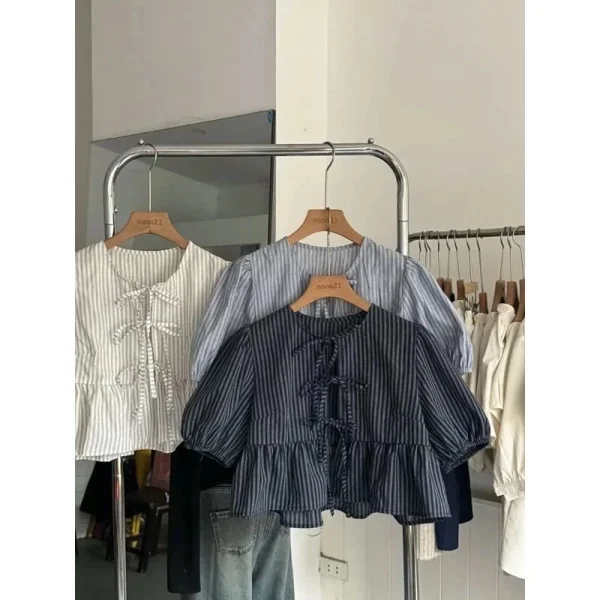 Áo babydoll nữ kẻ sọc buộc nơ AURIE13 form rộng tiểu thư dễ thương – tặng kèm áo quây