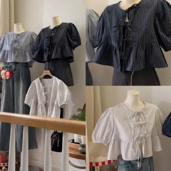 Áo babydoll nữ kẻ sọc buộc nơ AURIE13 form rộng tiểu thư dễ thương – tặng kèm áo quây