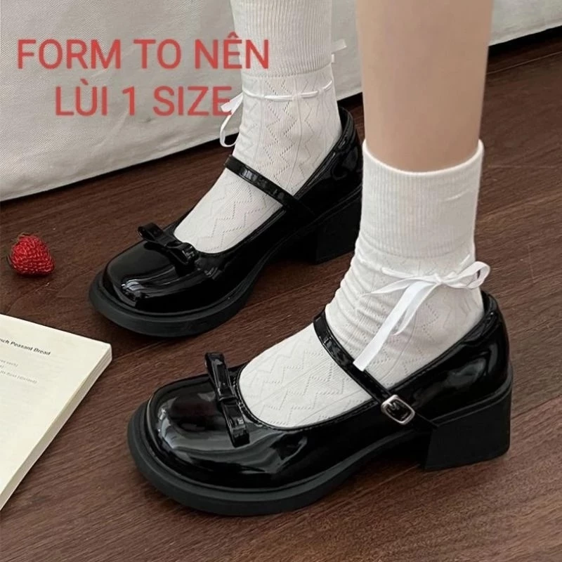 Giày búp bê lolita nữ đế 5 cm tăng chiều cao da bóng quai ngang đính ngọc