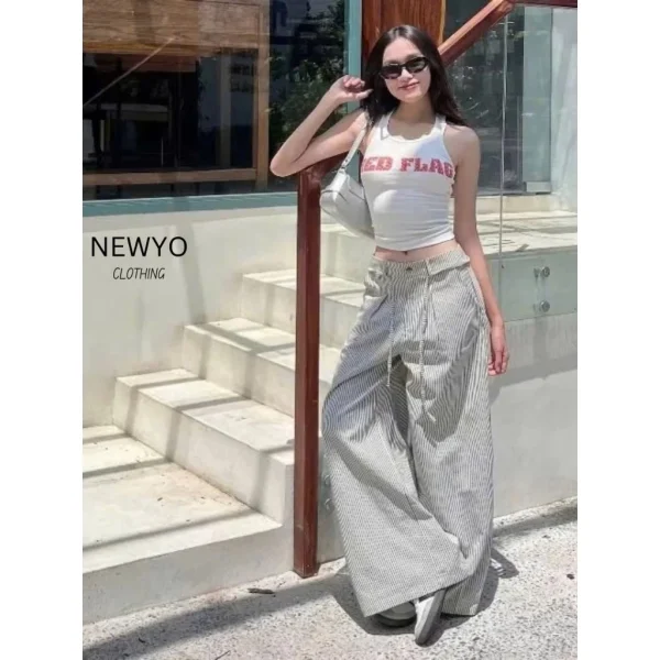 Quần Kẻ Sọc Nữ Mix Dây Eo (Chất Kaki Jean) Dày Dặn Lưng Cao Tôn Dáng Mặc Thoải Mái