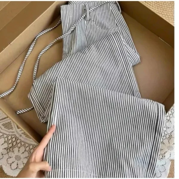 Quần Kẻ Sọc Nữ Mix Dây Eo (Chất Kaki Jean) Dày Dặn Lưng Cao Tôn Dáng Mặc Thoải Mái