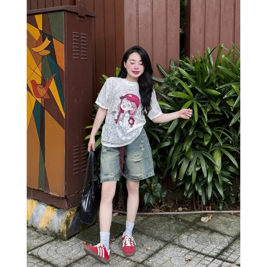 set Áo bé cutee mix quần jean lửng rách – style năng Động, cá tính cho nàng genz