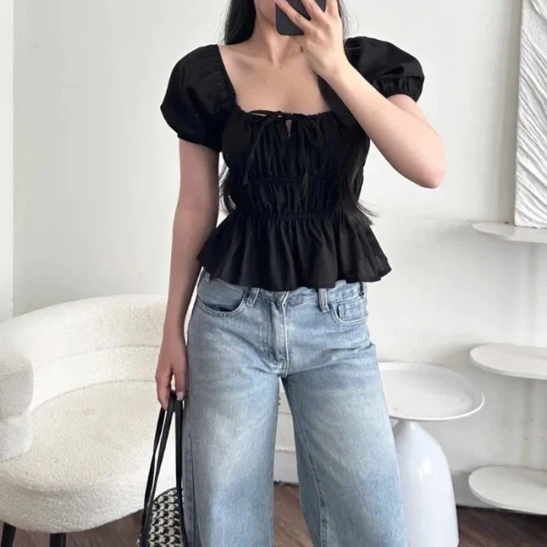 Áo babydoll nữ xinh tay phồng, áo kiểu trễ vai buộc nơ xinh xắn 15ar