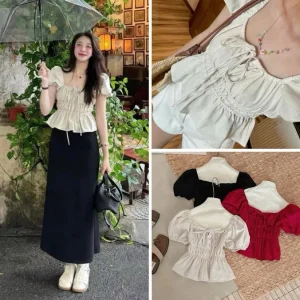Áo babydoll nữ xinh tay phồng, áo kiểu trễ vai buộc nơ xinh xắn 15ar