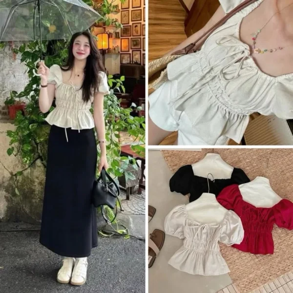 Áo babydoll nữ xinh tay phồng, áo kiểu trễ vai buộc nơ xinh xắn 15ar