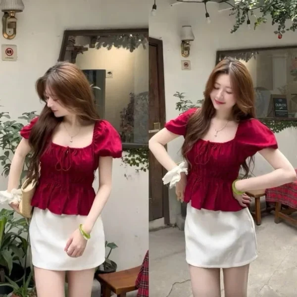 Áo babydoll nữ xinh tay phồng, áo kiểu trễ vai buộc nơ xinh xắn 15ar