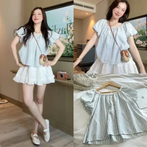 Áo babydoll kẻ sọc trễ vai phối ren cúc bọc hot trend dÀnh cho nỮ