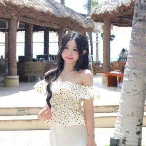Áo trễ vai chấm bi bo eo dáng babydoll tiểu thư coquette mặc mùa hè aurie fashion