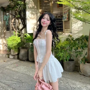 set Áo hai dây phối ren kèm ruy băng hồng nhún eo tôn dáng ngọt ngào xinh xắn, set Áo kèm chân váy xinh