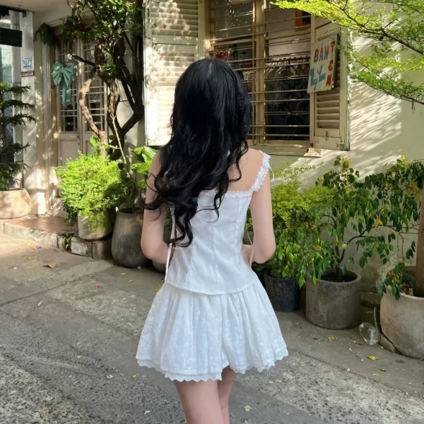 set Áo hai dây phối ren kèm ruy băng hồng nhún eo tôn dáng ngọt ngào xinh xắn, set Áo kèm chân váy xinh