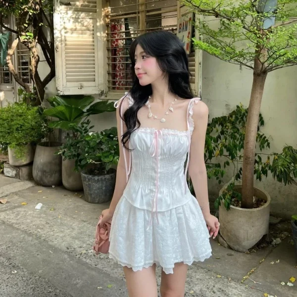 set Áo hai dây phối ren kèm ruy băng hồng nhún eo tôn dáng ngọt ngào xinh xắn, set Áo kèm chân váy xinh